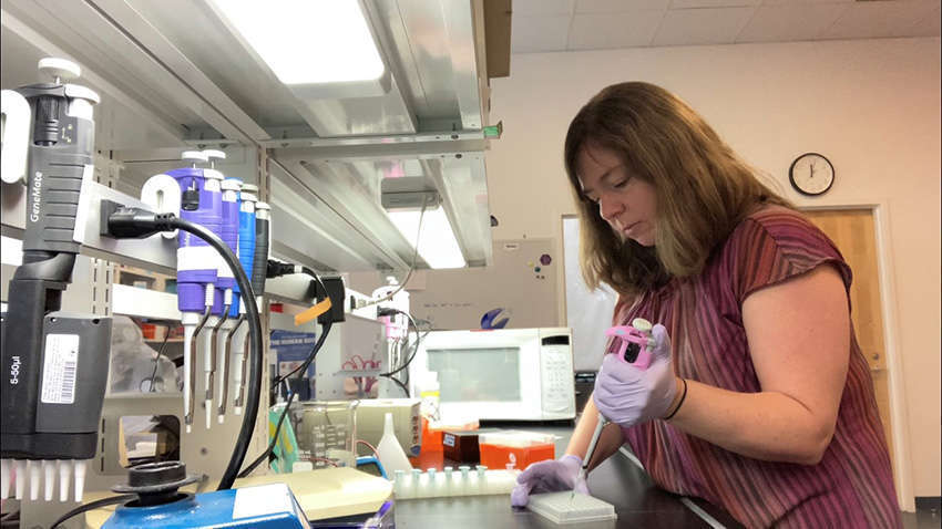 Woman in red shirt pipetting fluid into vials