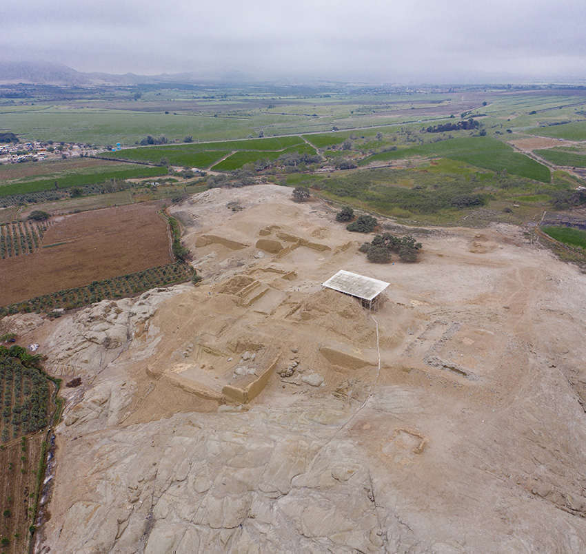 Arial view of a archaeological expedition in Panamarca, Peru