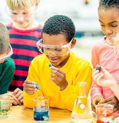 A group of children use droppers to drop color into a clear liquid
