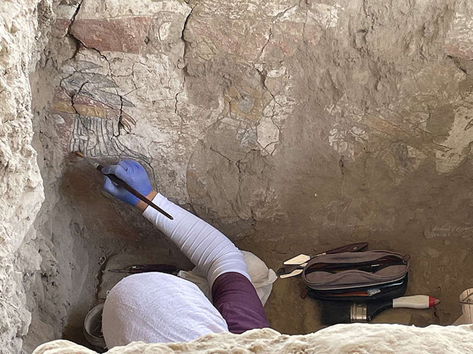 Conservation advisor Blanca Sánchez removes sediment from a painted wall