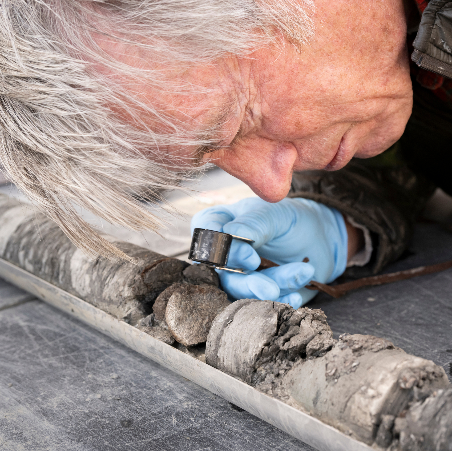 Dr. Bob Raynolds examines the dinosaur fossil embedded in the scientific core sample.