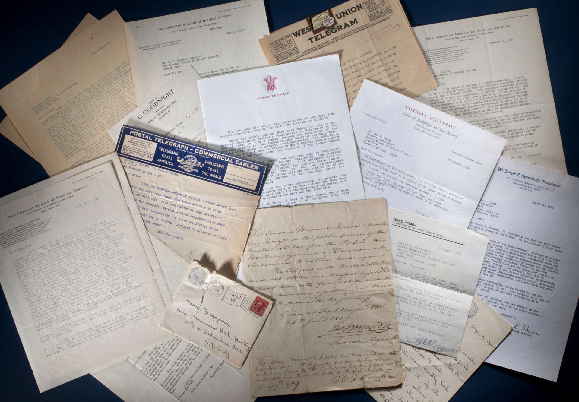 laid out array of telegrams, letters and other correspondence from the Museum's archives
