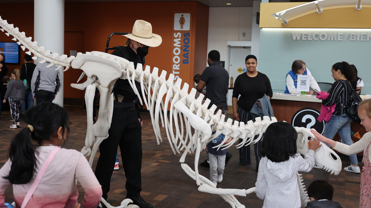 Guests interacting with Mr. Bones