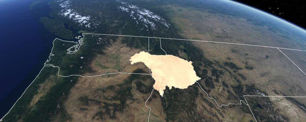 Aerial view of a map of the northwest United States with a large patch of various colors of cream covering northern Idaho