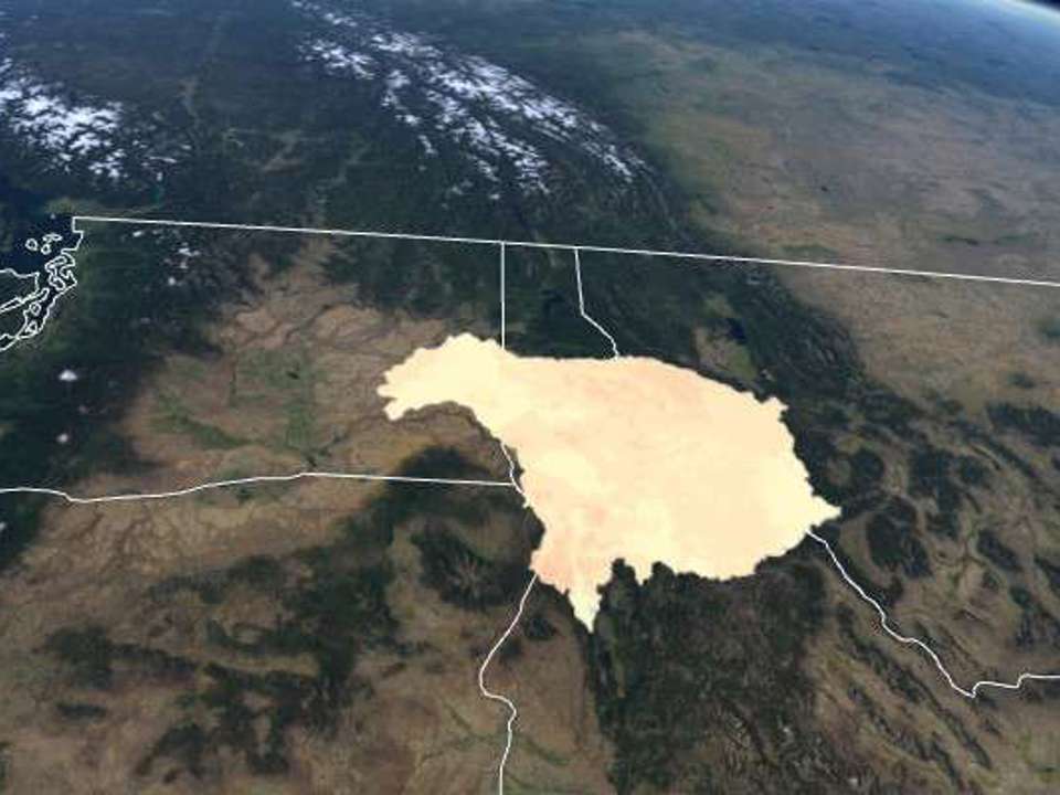 Aerial view of a map of the northwest United States with a large patch of various colors of cream covering northern Idaho