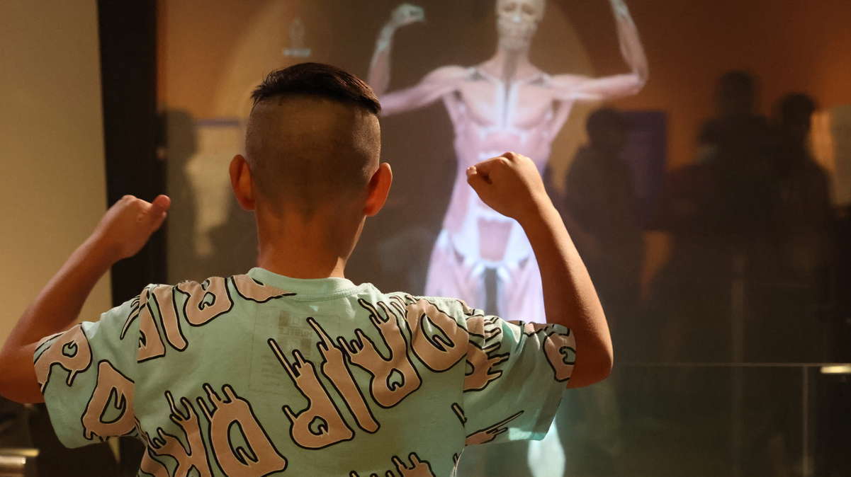 A teen flexes their muscles in front of a machine with a human form on it