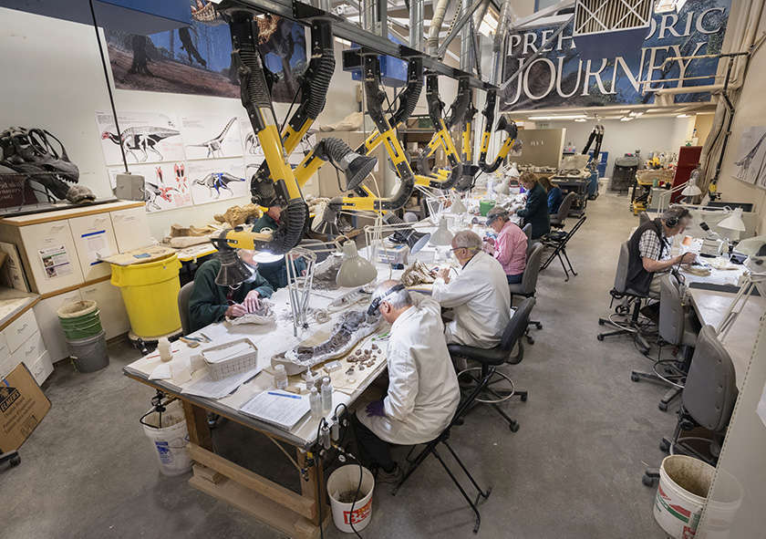 wide view of a preparation lab with many people working at a large table