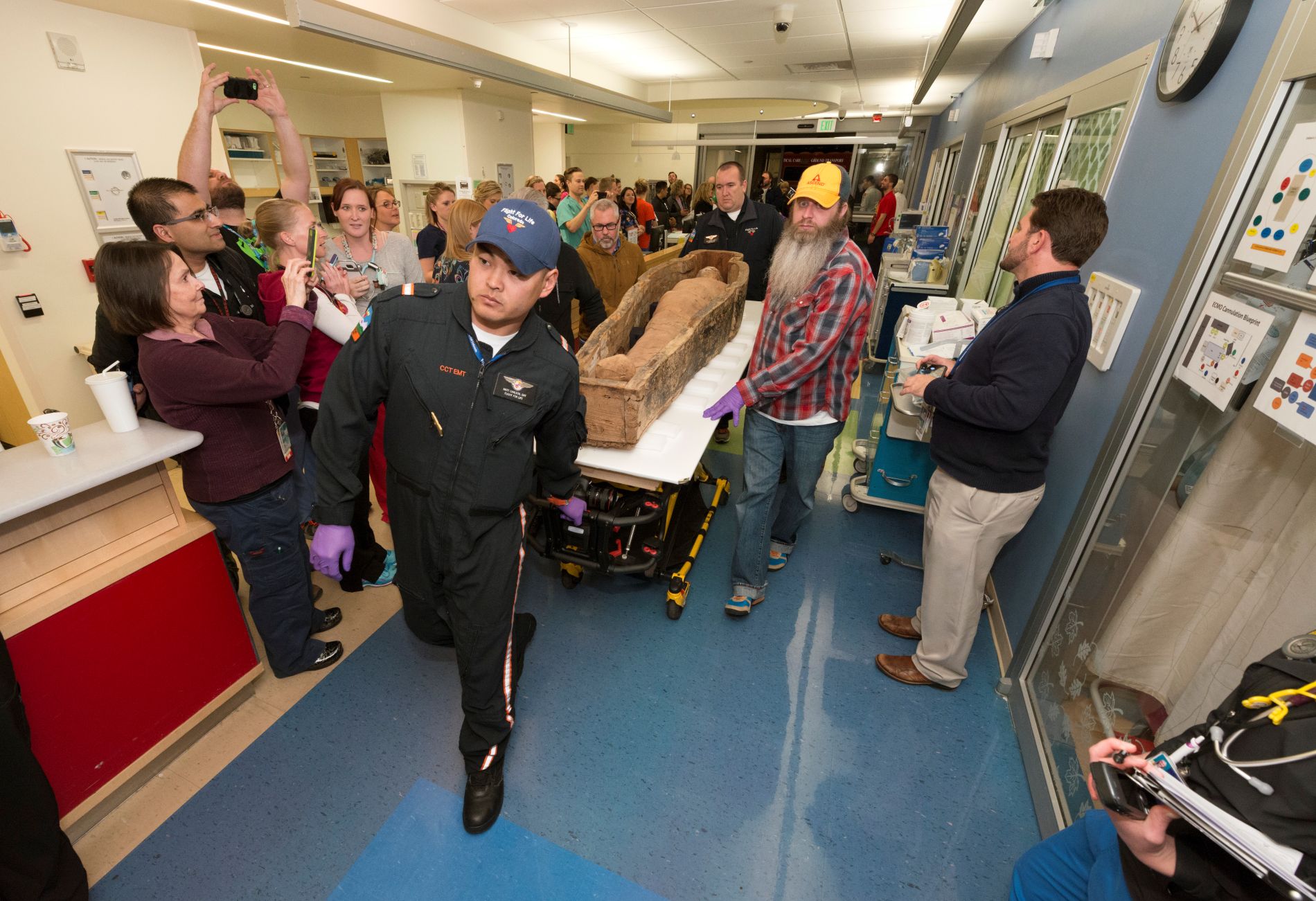 Transporting and CAT scanning of Museum mummies at Children's Hospital in Aurora, Colo. with Chad Swiercinsky, Vic Munoz, Dr. Michele Koons and Flight for Life medics. (Photo/ Rick Wicker)