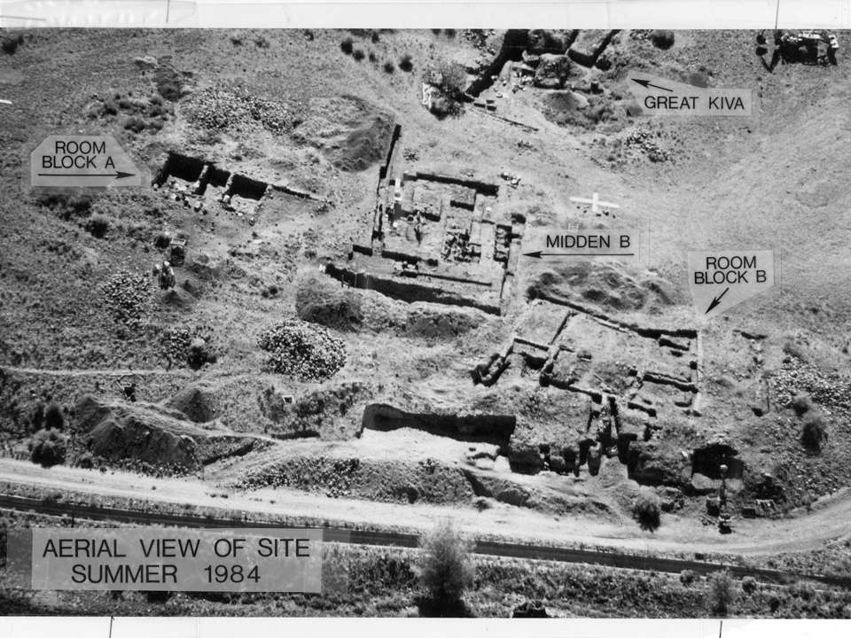 black and white photo of an aerial view of the WS Ranch site in summer of 1984 with descriptions of specific areas identified