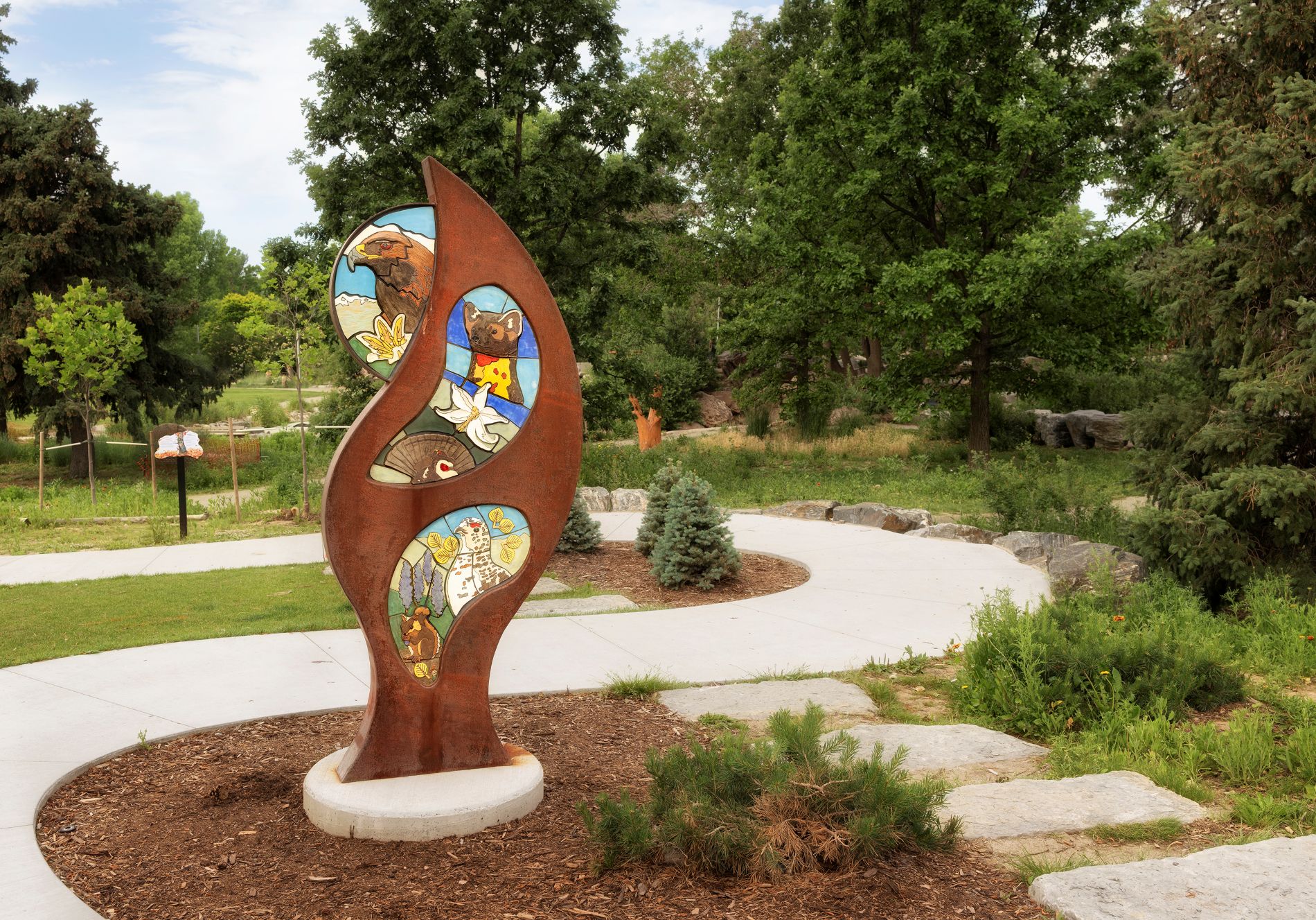 Greg Field's "Alpine" sculpture presents Colorado’s high-country wildlife through glazed ceramic species fitted into a steel structure. (Photo/ Rick Wicker)