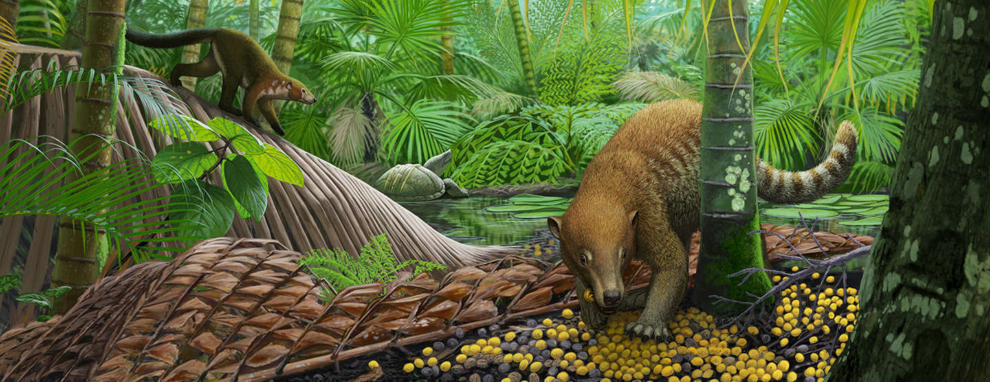 Colorful drawing of an ancient palm forest with a couple of small mammals and reptiles in the foreground