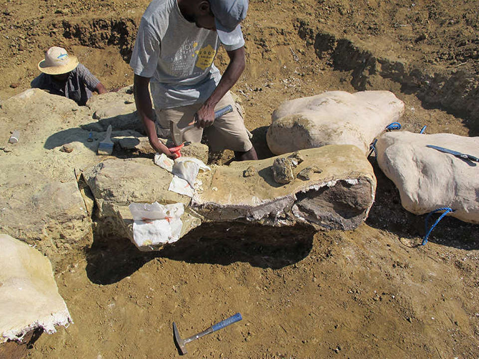 A man working on a plaster cast field jacket in a dirt area