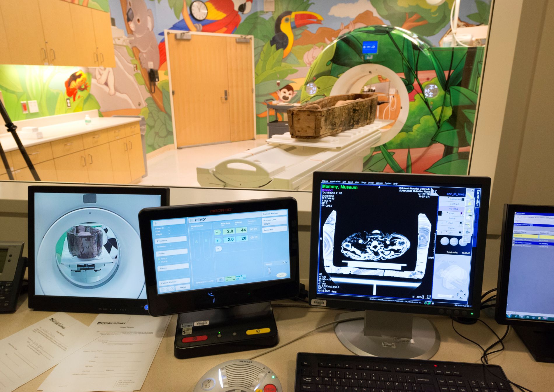 CAT scanning of the Museum mummies at Children's Hospital Colorado in Aurora, Colo. Scanning and access made possible by a grant from the National Endowment for the Humanities. (Photo/ Rick Wicker)