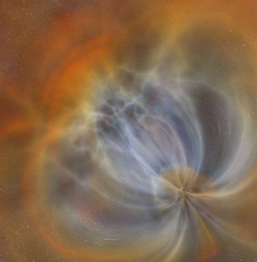 Colorful image from space with orange and blue swirls in a flower shape