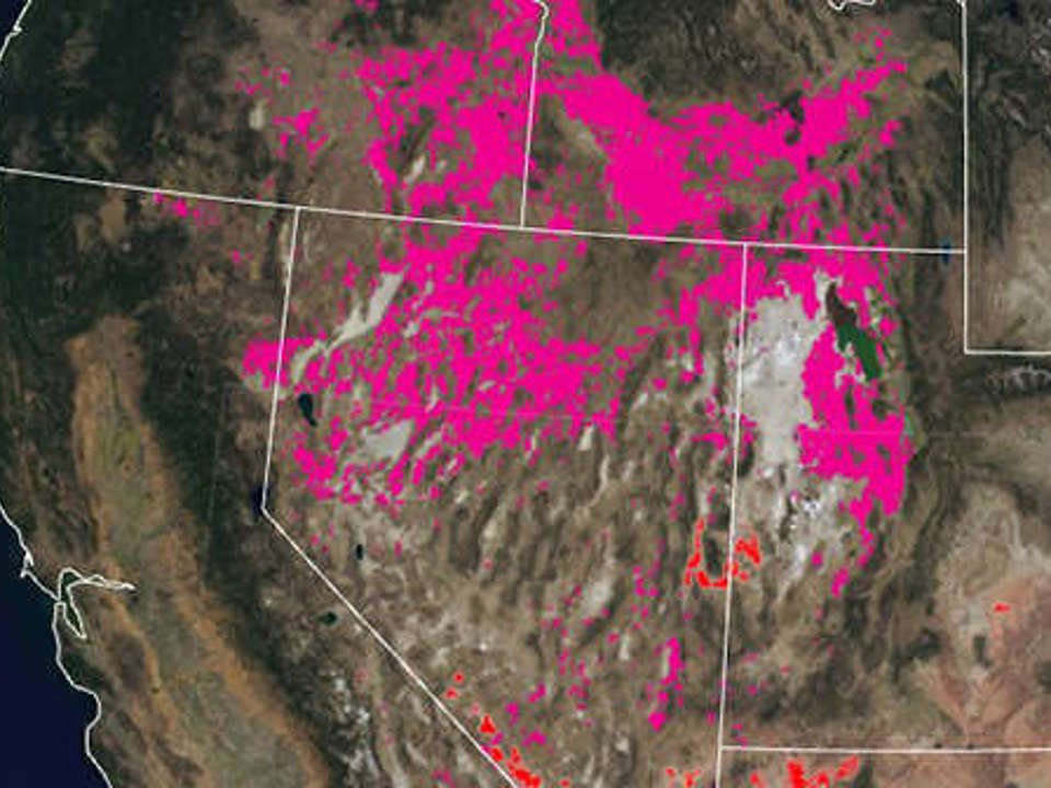 Aerial view of the southwestern part of the United States with hot pick mapped sporatically across the states, centered in Nevada and Wyoming